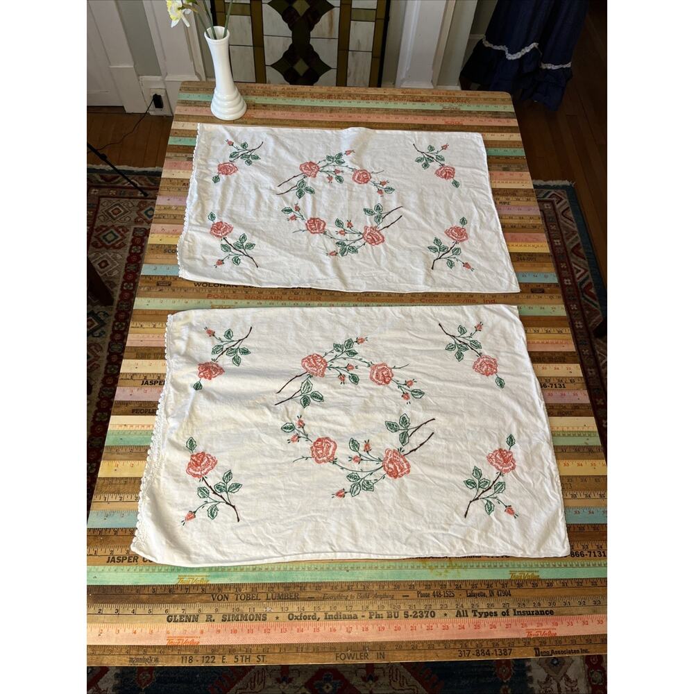 Vintage Hand Embroidered Floral Roses Lot 2 Pillowcases Crochet Cottagecore Farm
